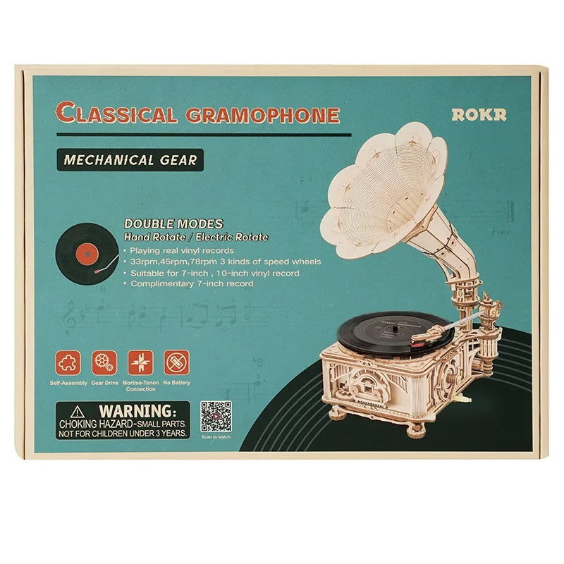 Robotime Hand Crank Wooden Gramophone Model Kit for Music Lovers