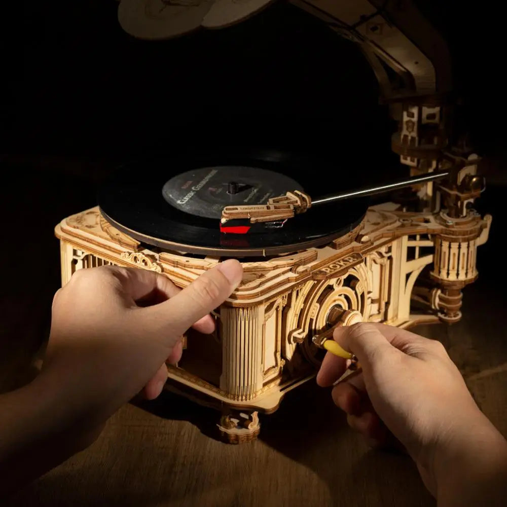 Robotime Hand Crank Wooden Gramophone Model Kit for Music Lovers