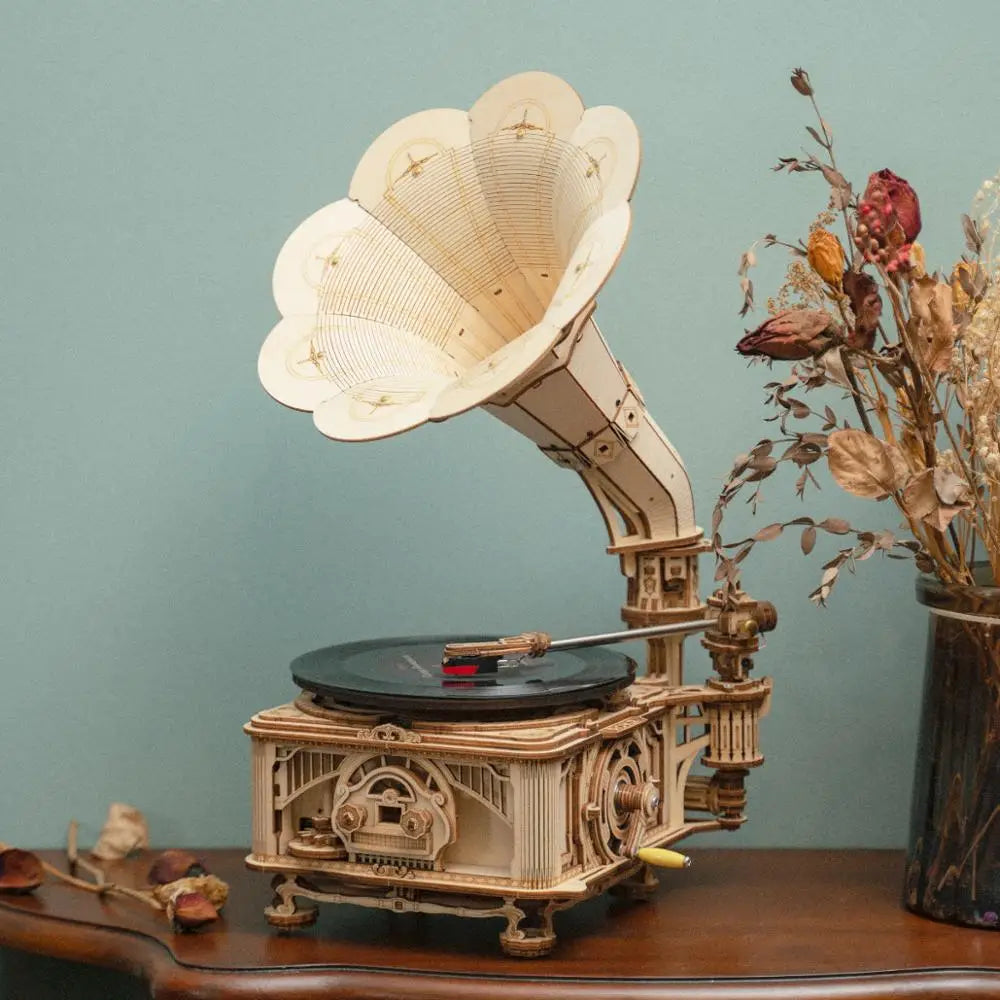 Robotime Hand Crank Gramophone Model Building Kit for Music Lovers