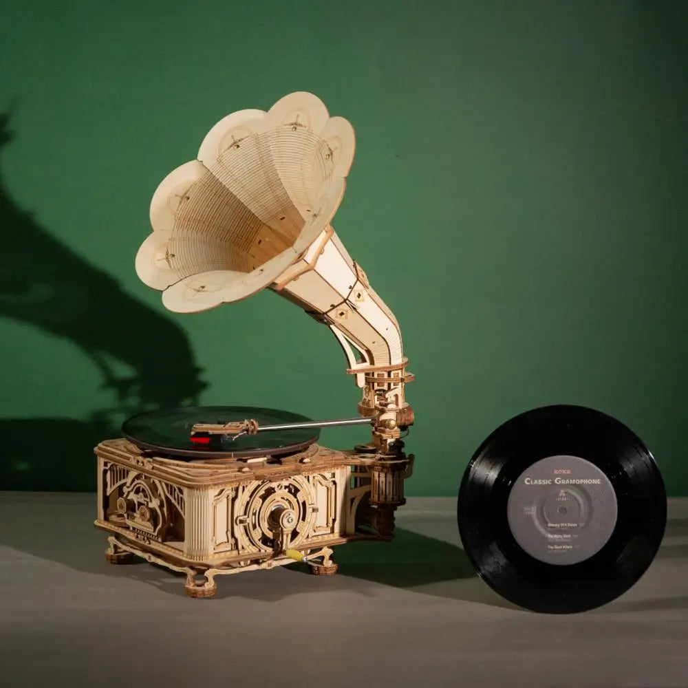 Robotime Hand Crank Wooden Gramophone Model Kit for Music Lovers