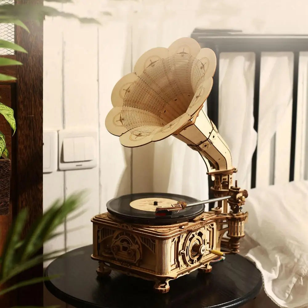 Robotime Hand Crank Wooden Gramophone Model Kit for Music Lovers