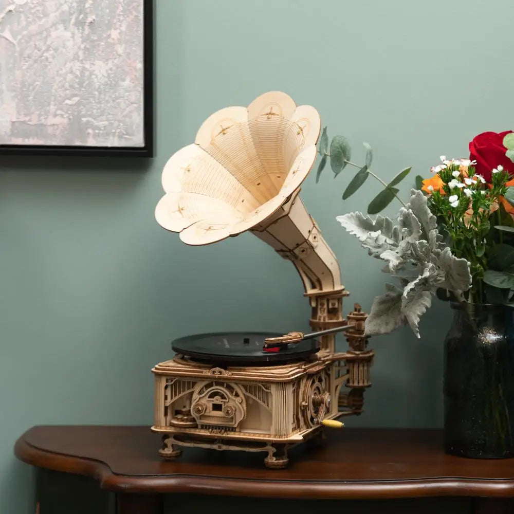 Robotime Hand Crank Wooden Gramophone Model Kit for Music Lovers