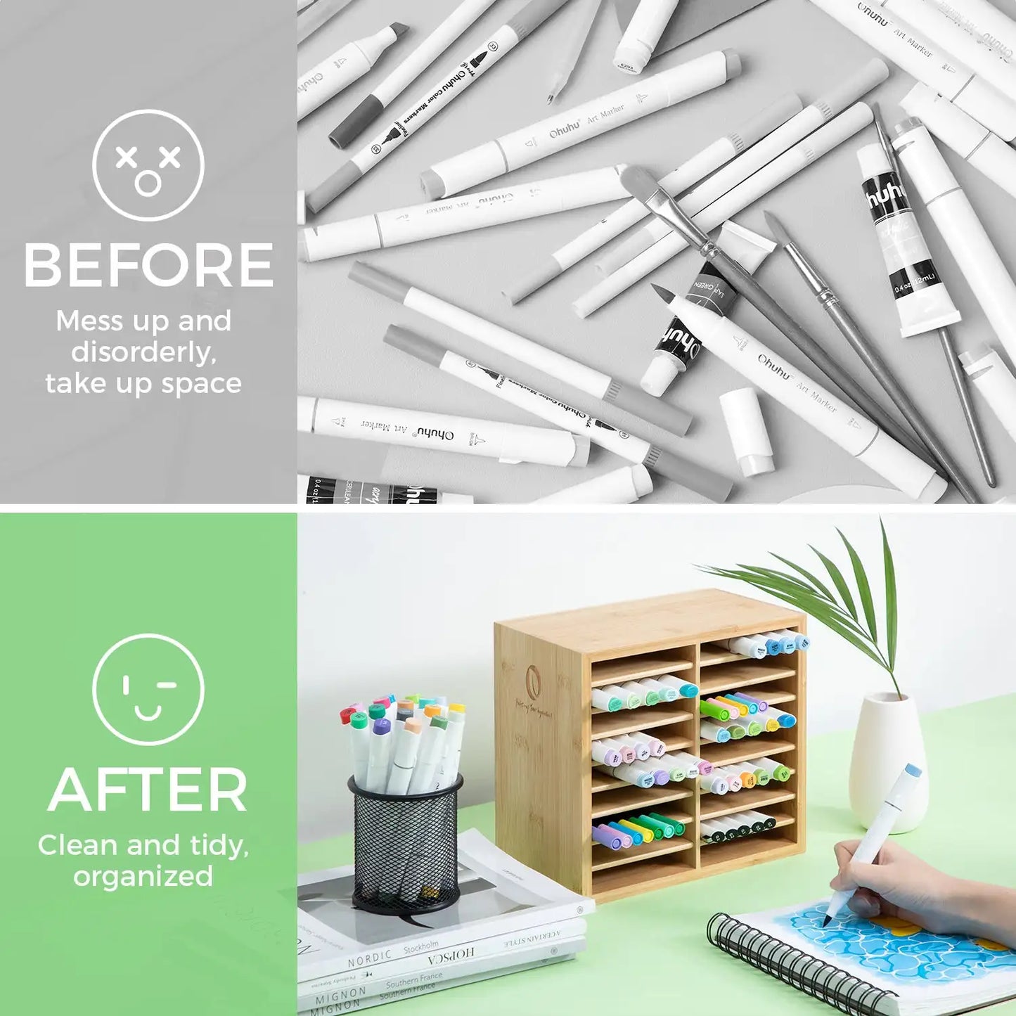 Ohuhu Bamboo Marker Organizer for Easy Desktop Storage