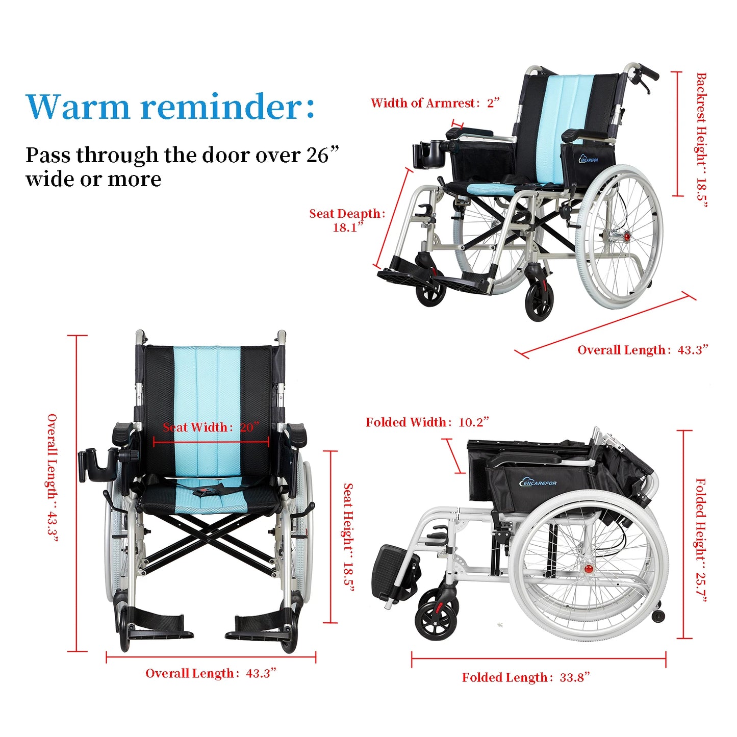 Ultra Lightweight 5.8KG Foldable Wheelchair with 20 Inch Wide Seat