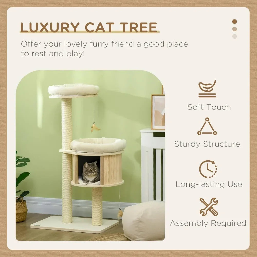 Multifunctional 3-Level Cat Tree with Scratching Posts and Cushions