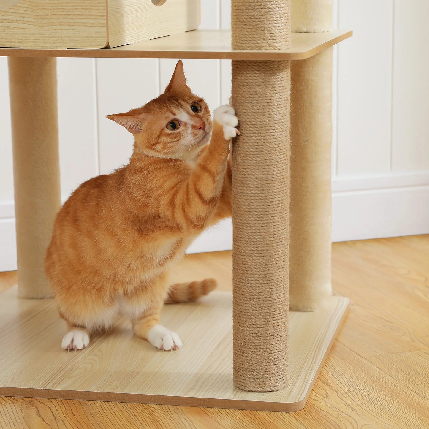 Elegant 180cm Wooden Cat Tree Tower with Cozy Perch and Pompoms for Multi Cat Families