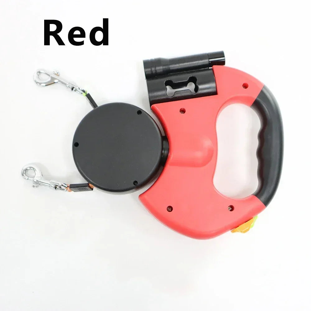 Double Headed Dog Leash Retractable LED Light Reflective for Two Dogs