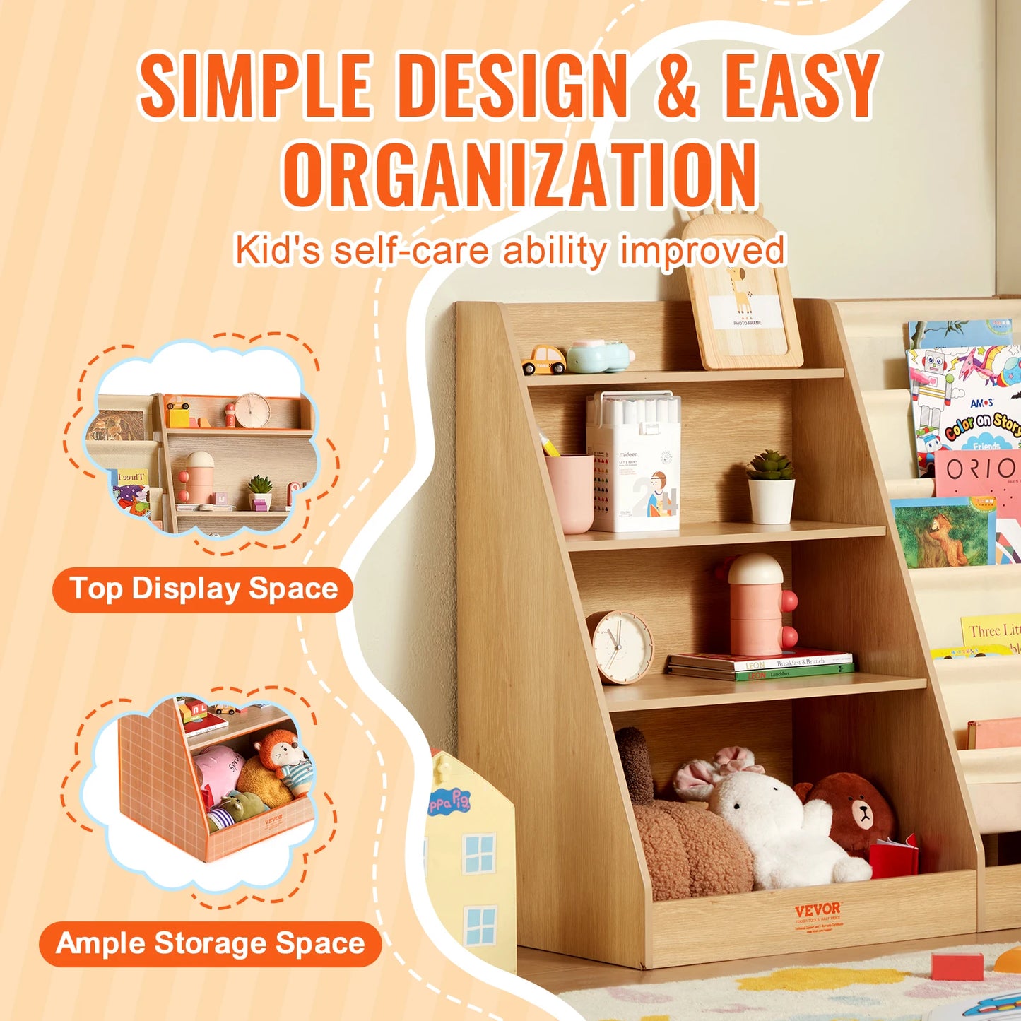 SucceBuy 4-Tier Kids Wooden Bookshelf with Ample Storage Space
