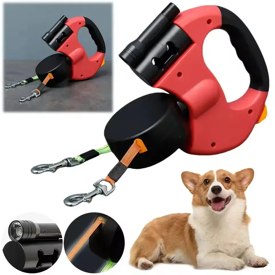 Double Headed Dog Leash Retractable LED Light Reflective for Two Dogs