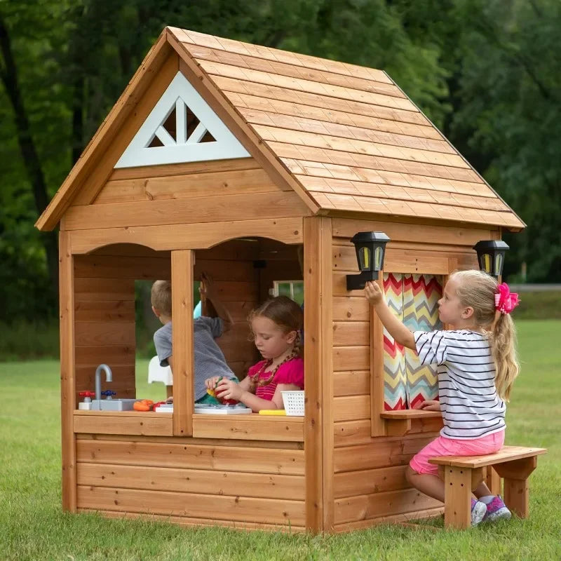 Wooden Kids Playhouse Cottage with Kitchen and Picnic Bench