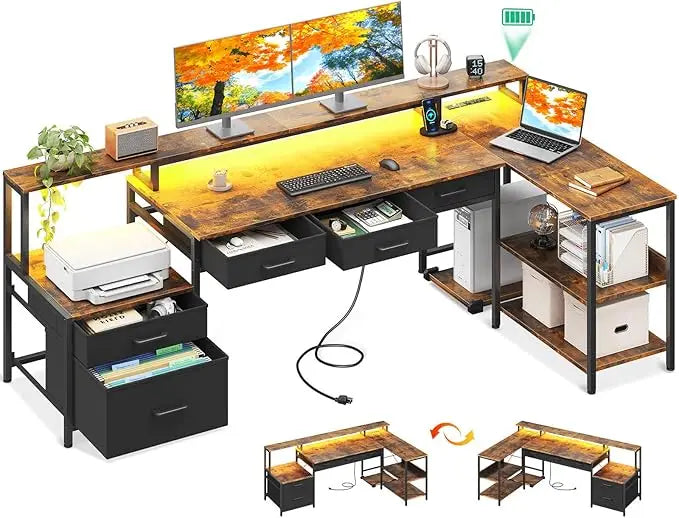 L Shaped Computer Desk with Power Outlet and LED Strip