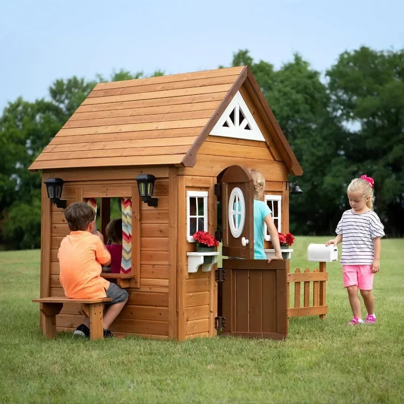 Wooden Kids Playhouse Cottage with Kitchen and Picnic Bench