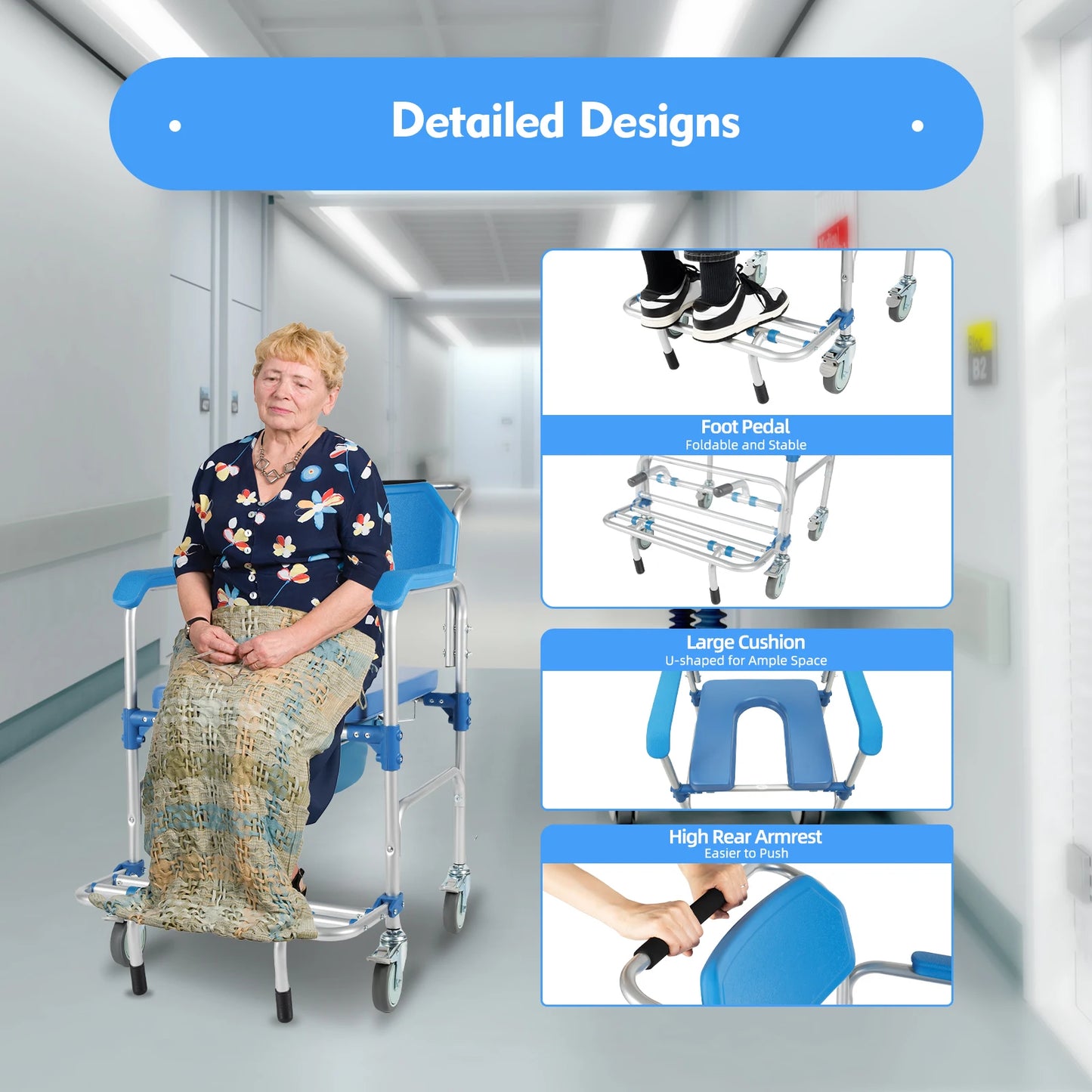 350lb Foldable Commode Chair with Footrest for Disabled Adults