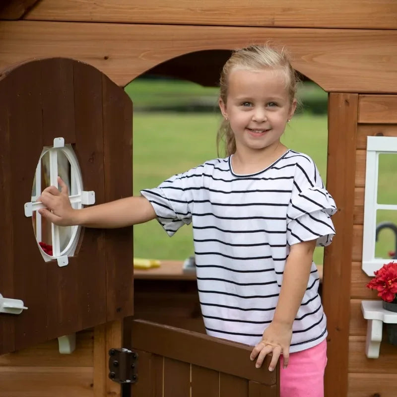 Wooden Kids Playhouse Cottage with Kitchen and Picnic Bench