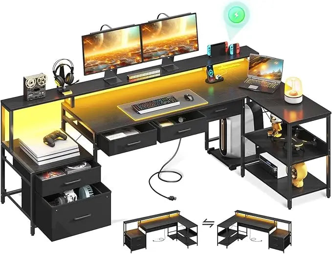 L Shaped Computer Desk with Power Outlet and LED Strip