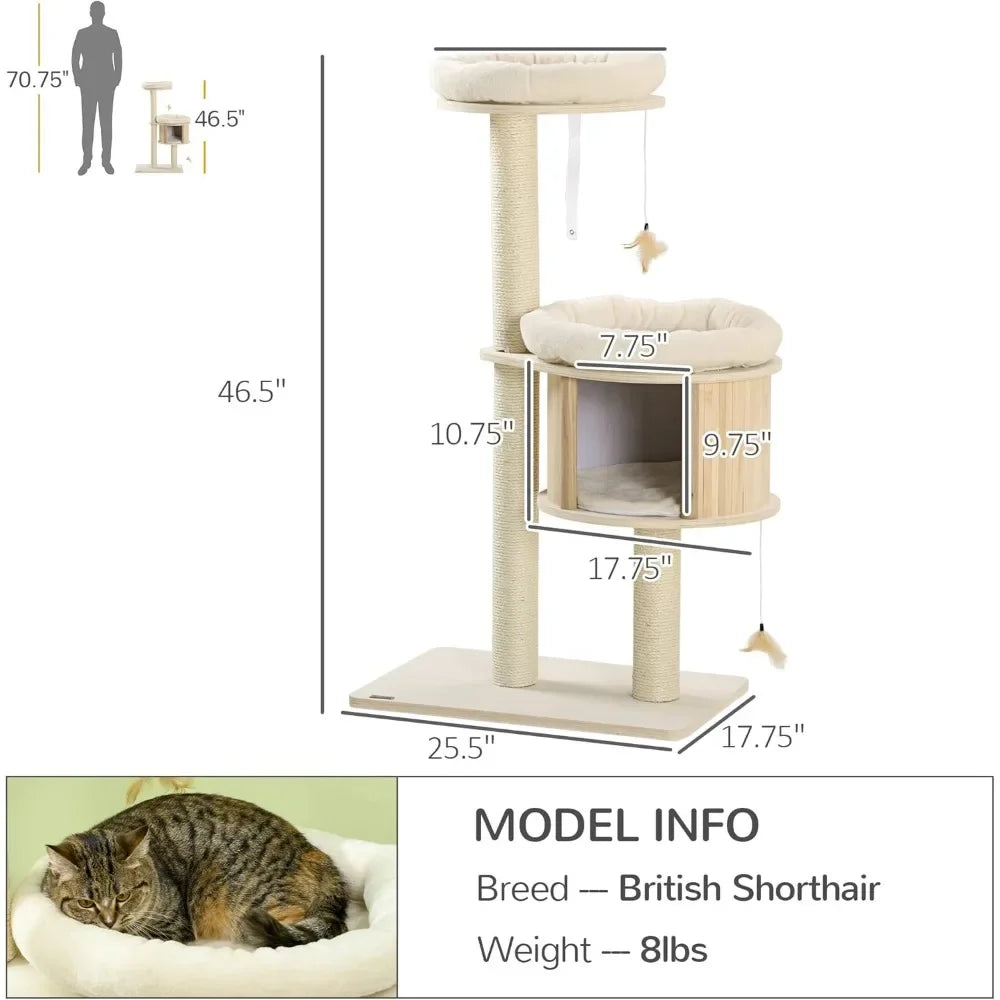Multifunctional 3-Level Cat Tree with Scratching Posts and Cushions