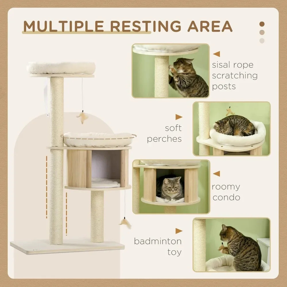 Multifunctional 3-Level Cat Tree with Scratching Posts and Cushions