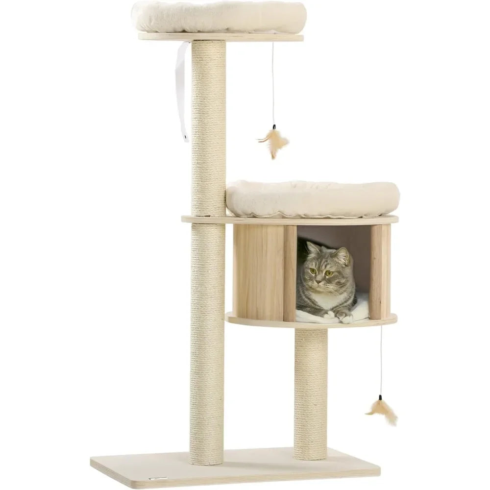 Multifunctional 3-Level Cat Tree with Scratching Posts and Cushions