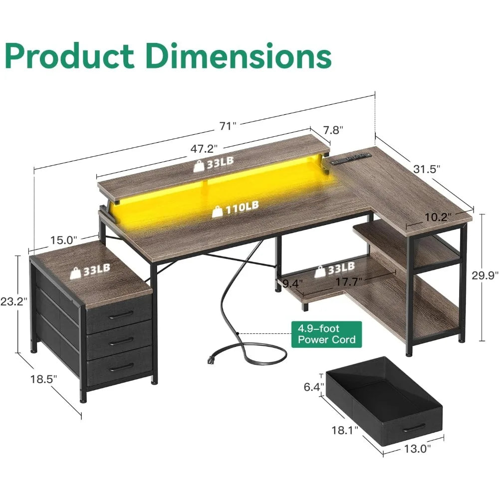 L Shaped Gaming Desk with LED Strip and Drawers