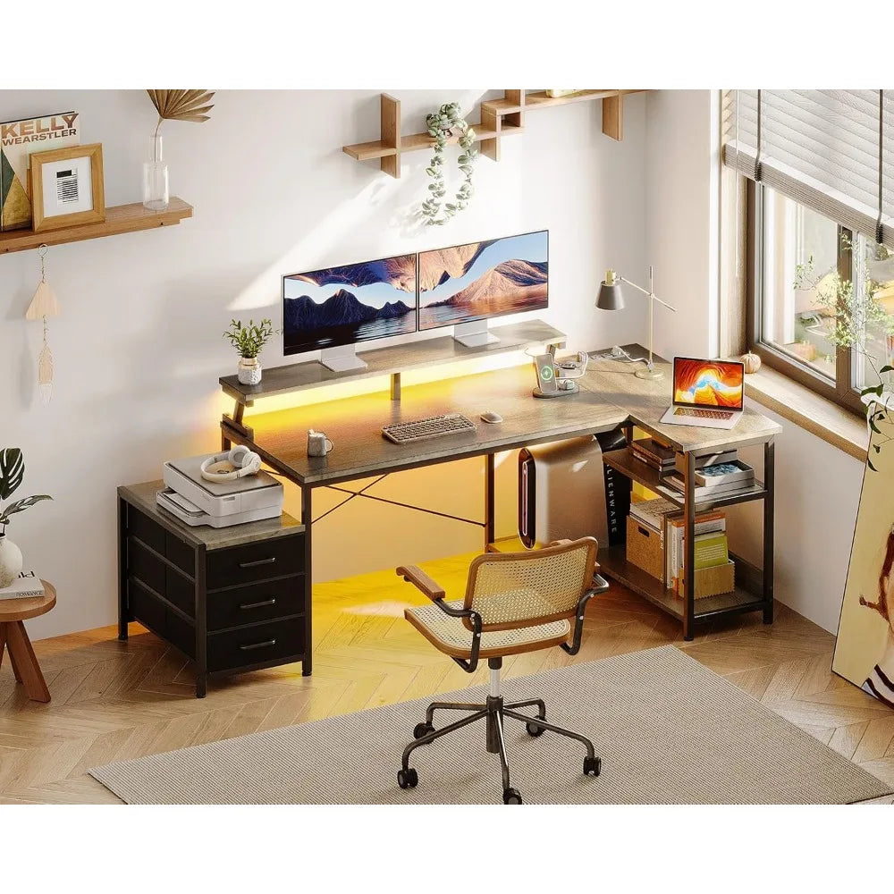 L Shaped Gaming Desk with LED Strip and Drawers