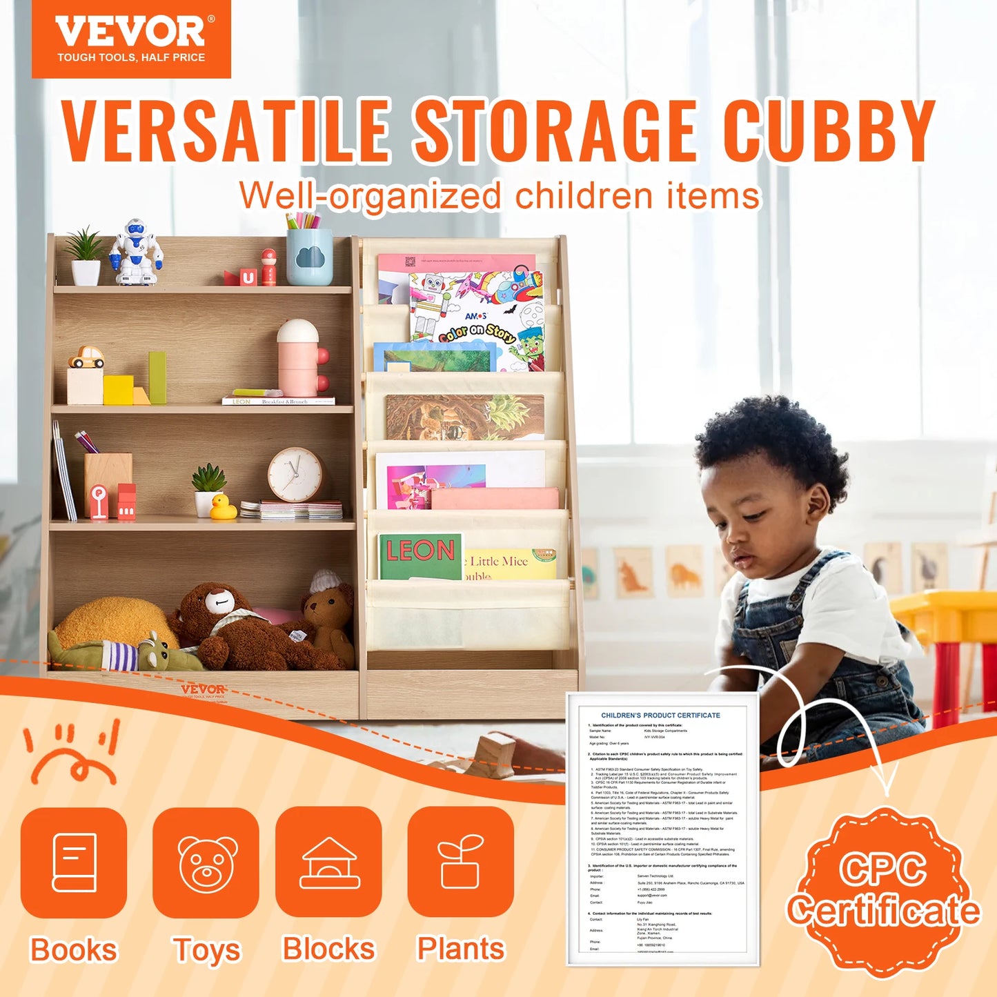 SucceBuy 4-Tier Kids Wooden Bookshelf with Ample Storage Space
