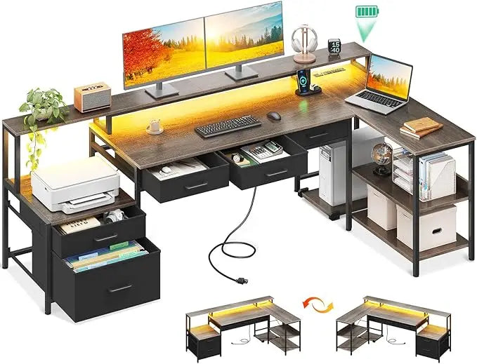 L Shaped Computer Desk with Power Outlet and LED Strip