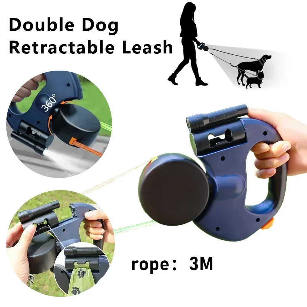 Double Headed Dog Leash Retractable LED Light Reflective for Two Dogs