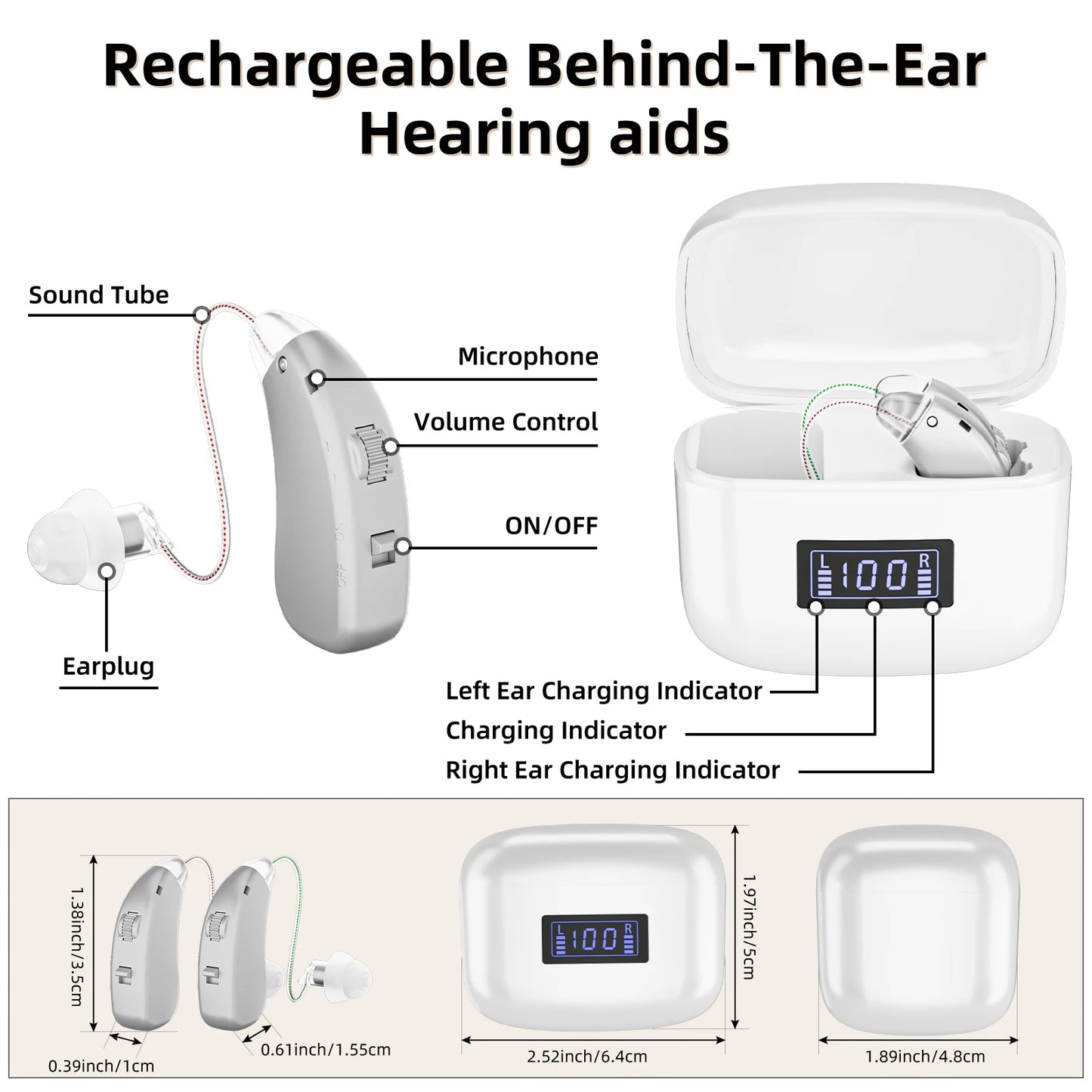 Rechargeable Digital Hearing Aids for Adults with Volume Control