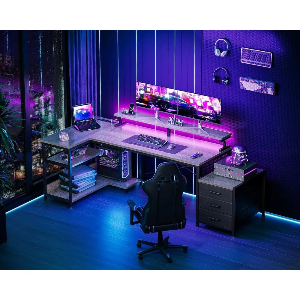 L Shaped Gaming Desk with LED Strip and Drawers
