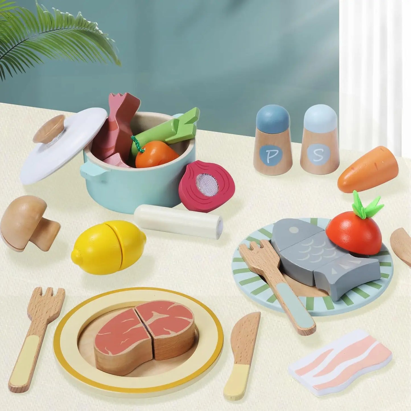 Wooden Play Food Set for Creative Pretend Cooking Fun