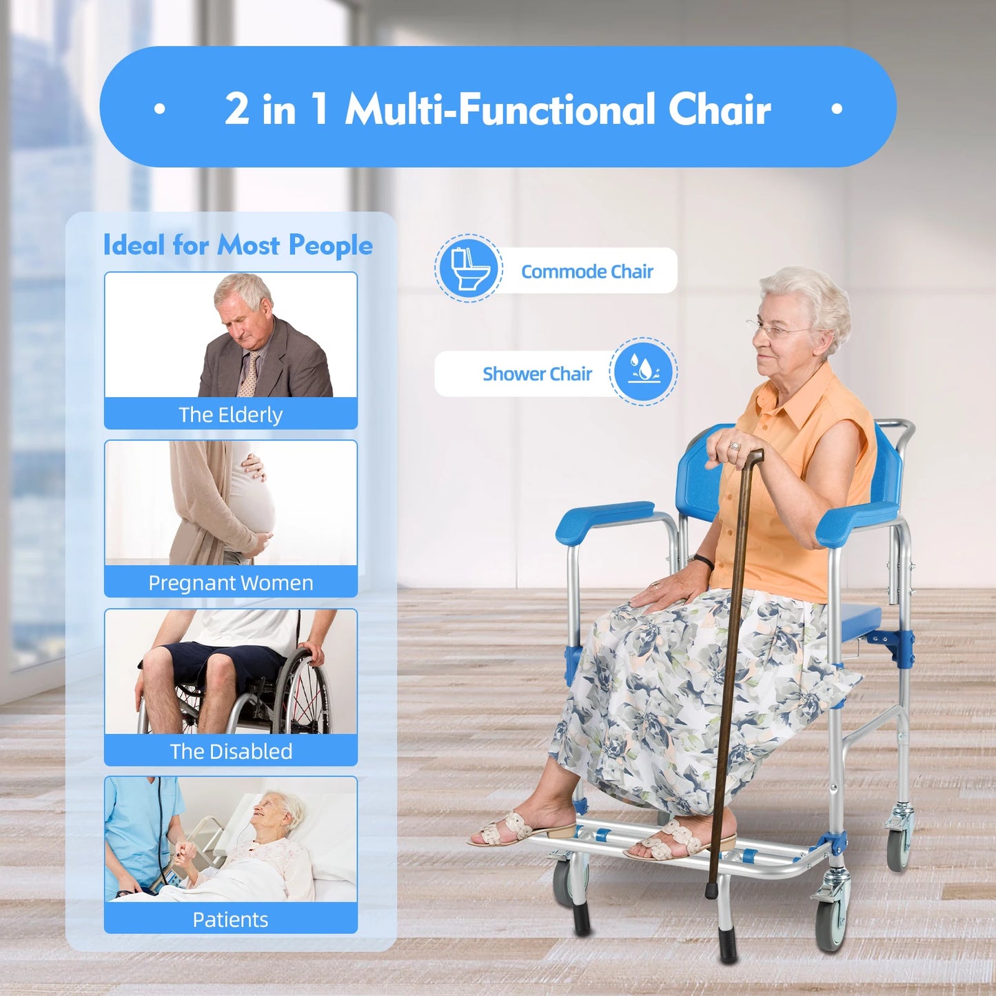 350lb Foldable Commode Chair with Footrest for Disabled Adults
