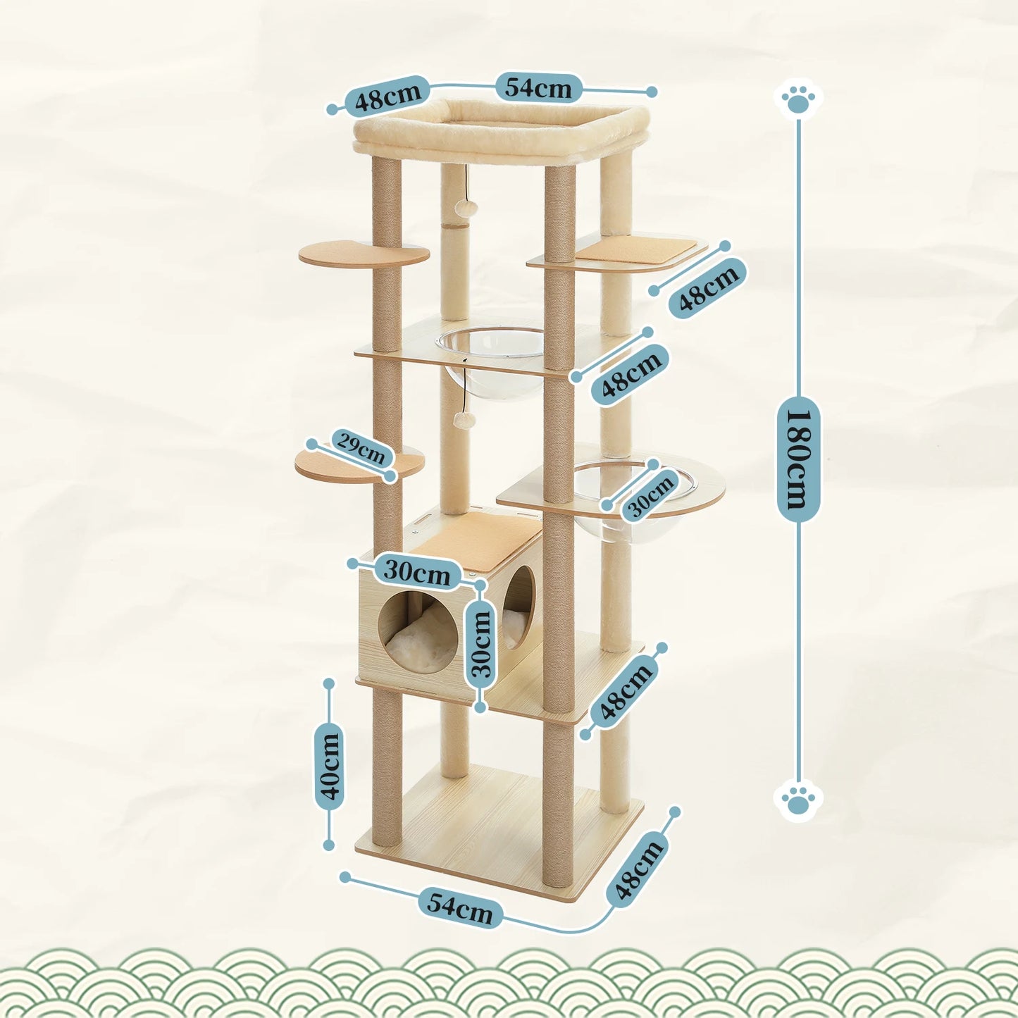 Elegant 180cm Wooden Cat Tree Tower with Cozy Perch and Pompoms for Multi Cat Families