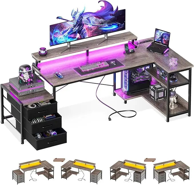 L Shaped Gaming Desk with LED Strip and Drawers