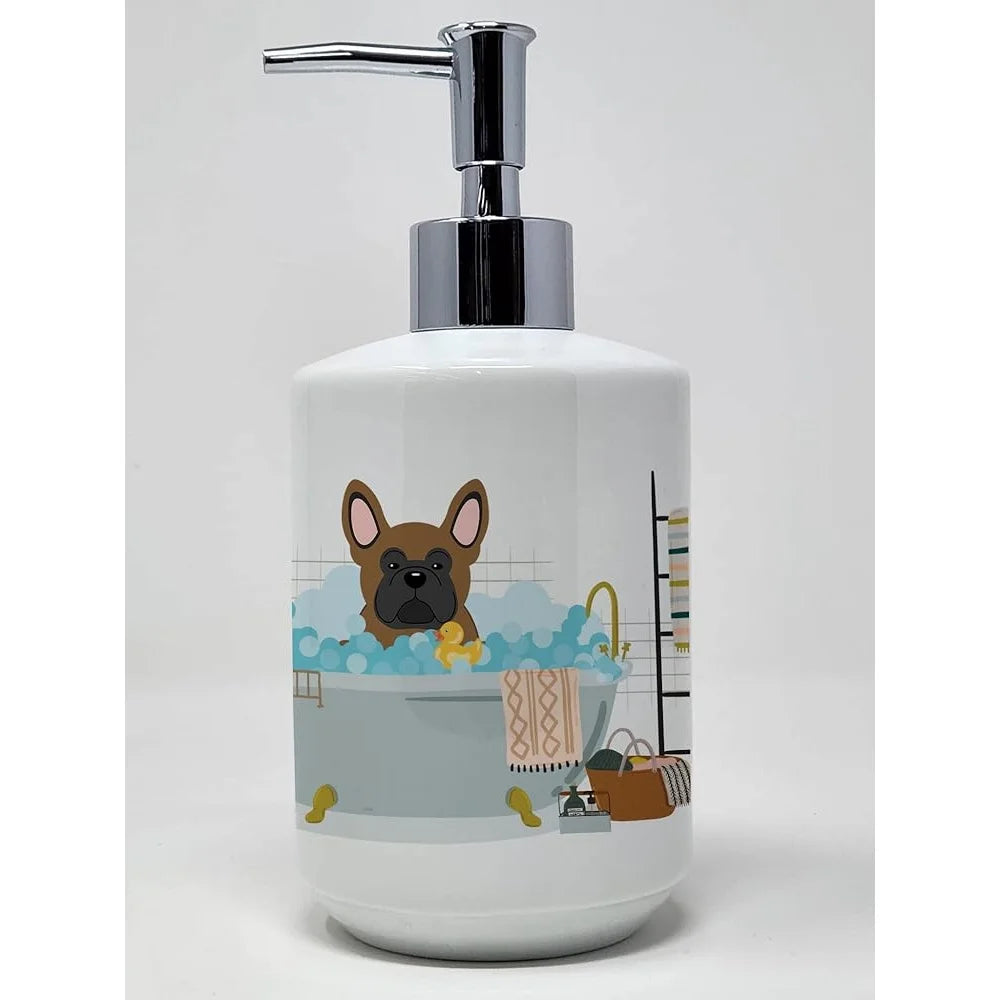 Brown French Bulldog Ceramic Soap Dispenser Unique Art Design Refillable Decorative Use
