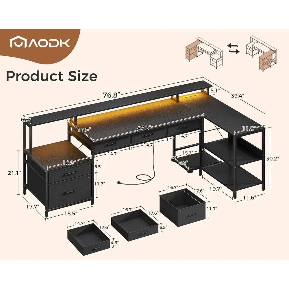 L Shaped Computer Desk with Power Outlet and LED Strip