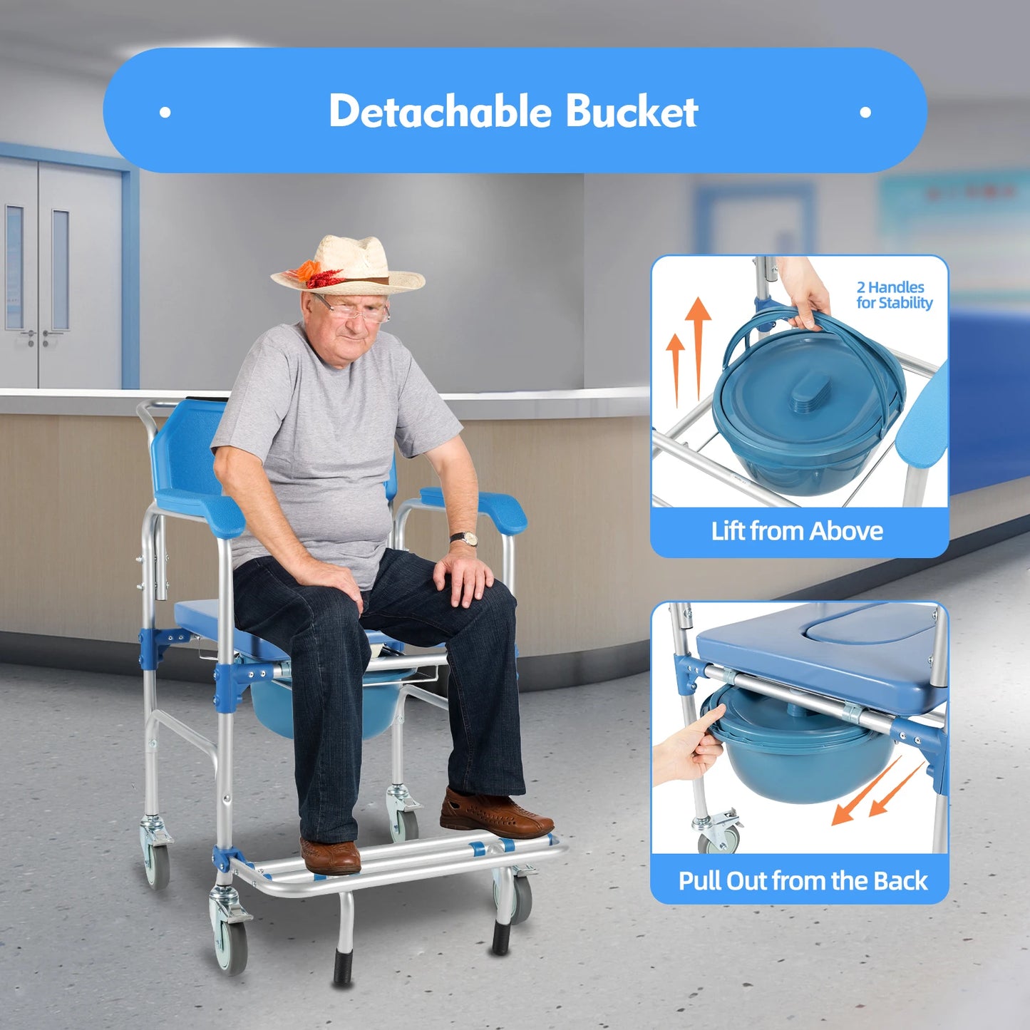 350lb Foldable Commode Chair with Footrest for Disabled Adults