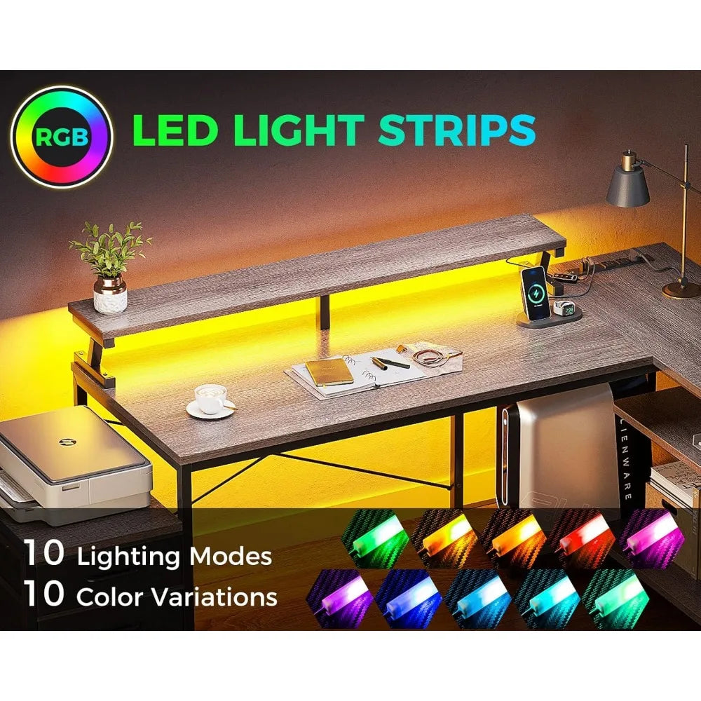 L Shaped Gaming Desk with LED Strip and Drawers