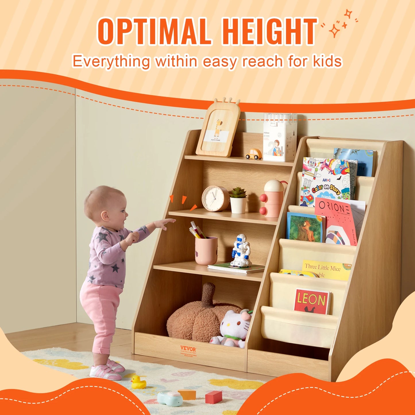 SucceBuy 4-Tier Kids Wooden Bookshelf with Ample Storage Space