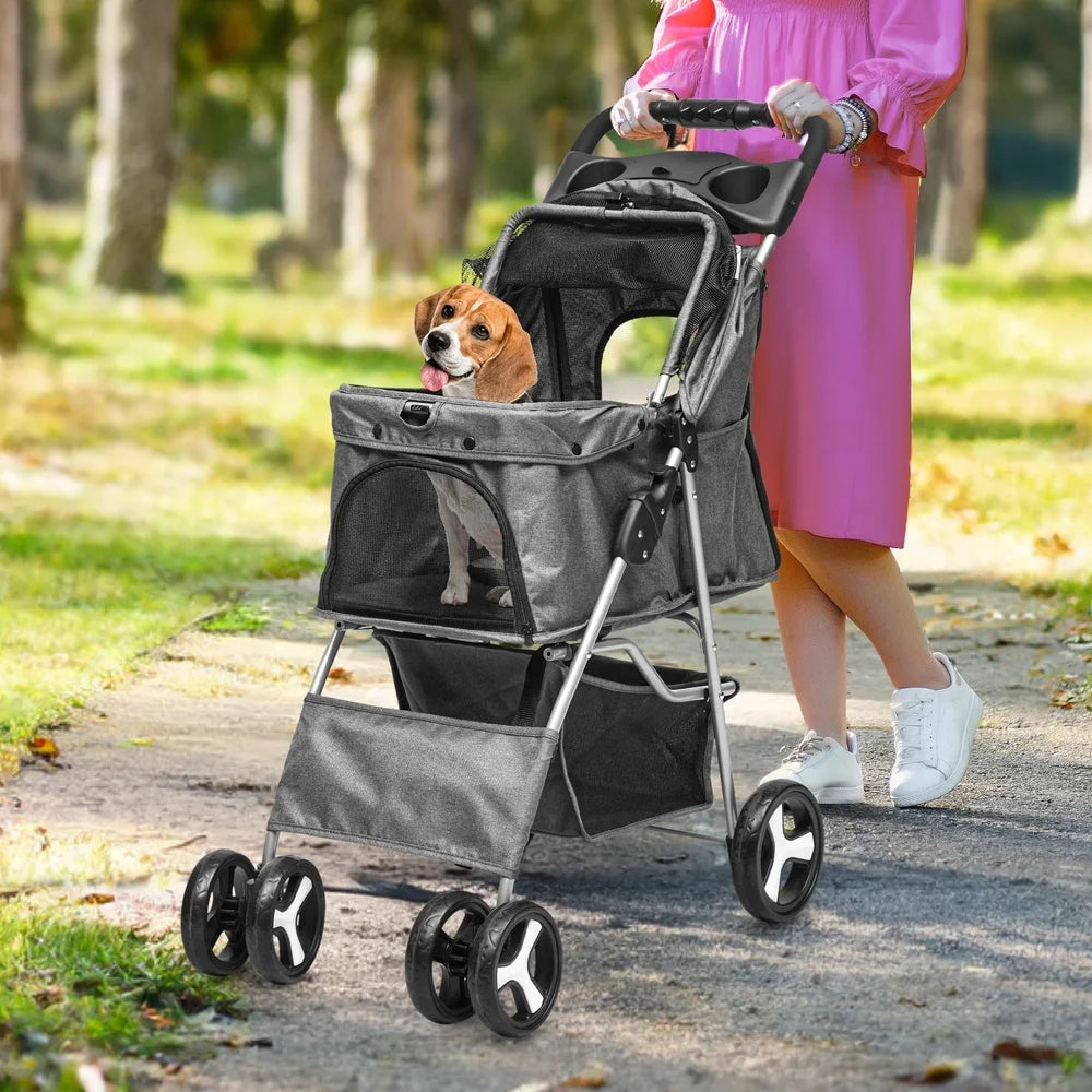 Foldable Pet Stroller with 360 Degree Wheels and Storage Compartments