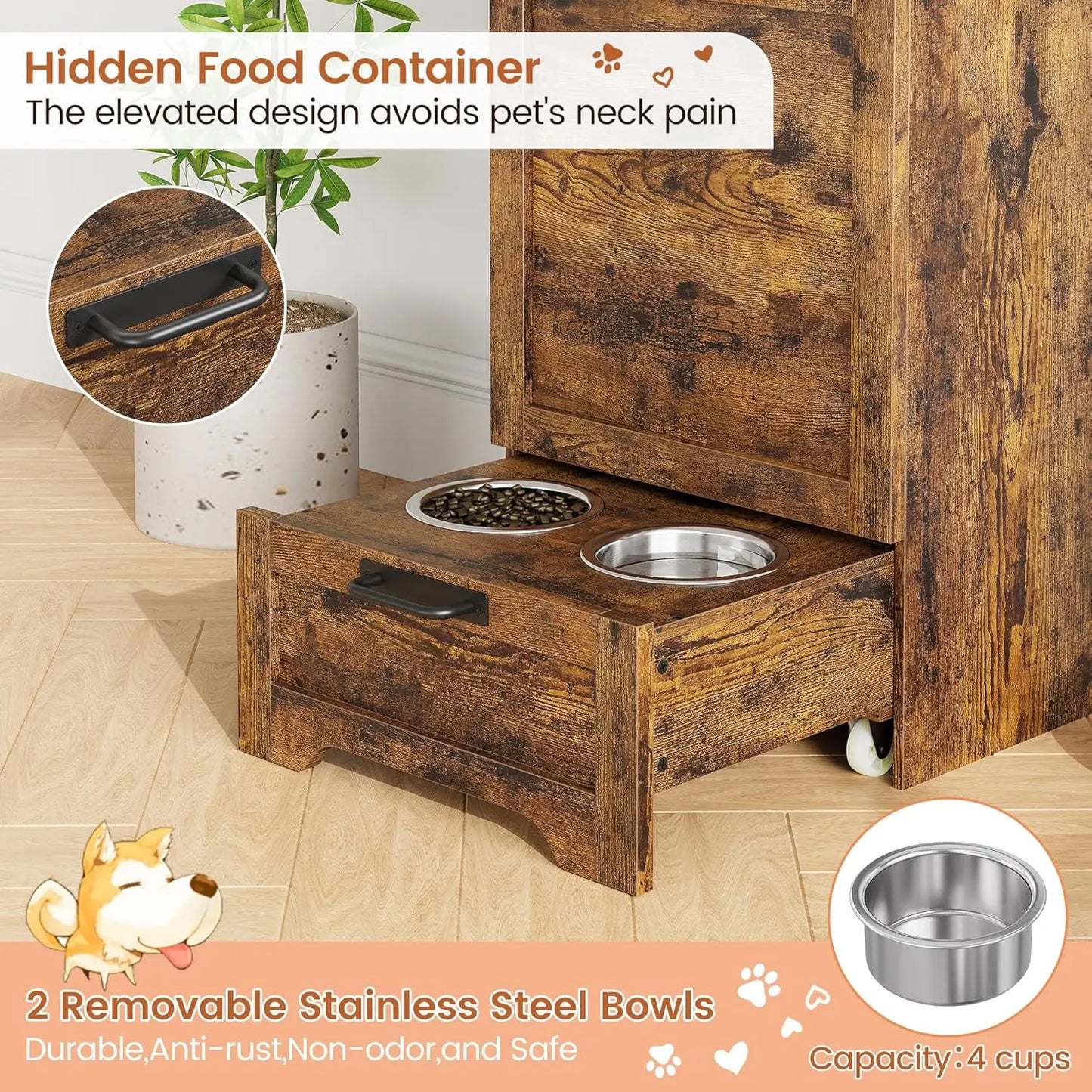 Elevated Dog Feeding Station with Storage Organizer