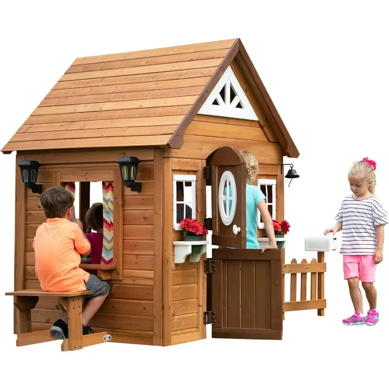 Wooden Kids Playhouse Cottage with Kitchen and Picnic Bench