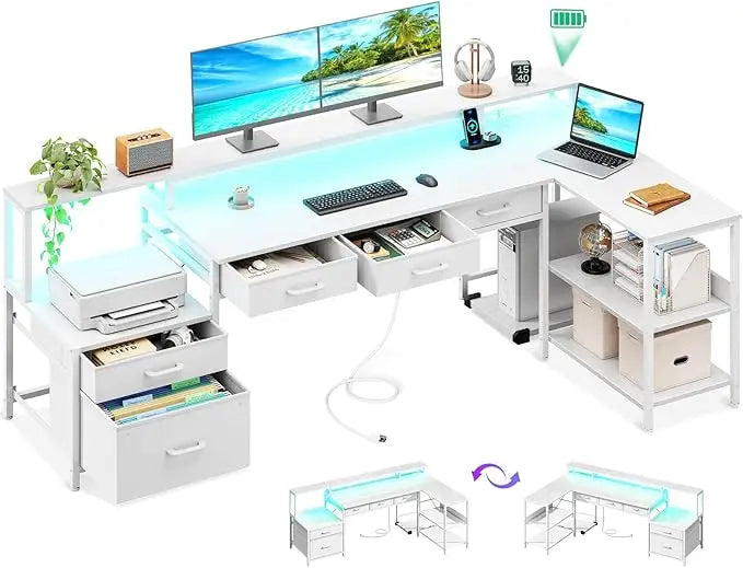 L Shaped Computer Desk with Power Outlet and LED Strip