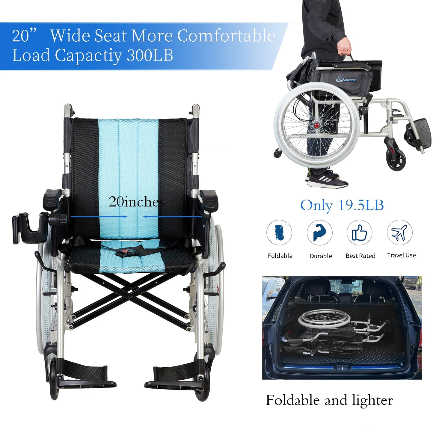 Ultra Lightweight 5.8KG Foldable Wheelchair with 20 Inch Wide Seat