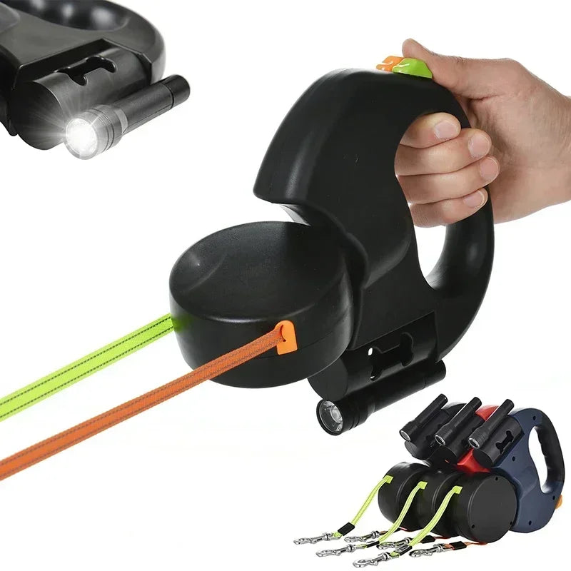 Double Headed Dog Leash Retractable LED Light Reflective for Two Dogs