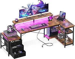L Shaped Gaming Desk with LED Strip and Drawers