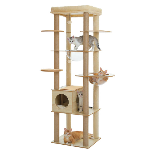 Elegant 180cm Wooden Cat Tree Tower with Cozy Perch and Pompoms for Multi Cat Families