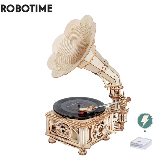 Robotime Hand Crank Wooden Gramophone Model Kit for Music Lovers