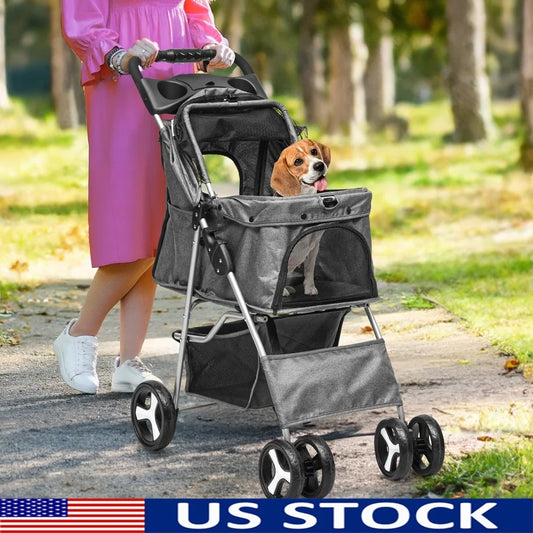 Foldable Pet Stroller with 360 Degree Wheels and Storage Compartments