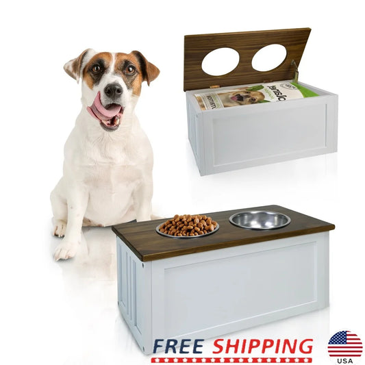 Solid Wood Double Bowl Pet Feeder Stand with Easy Clean Bowls