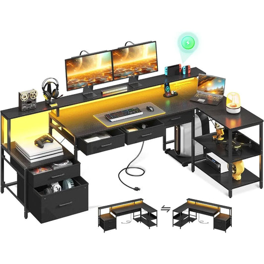 L Shaped Computer Desk with Power Outlet and LED Strip
